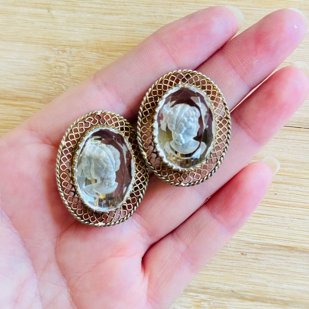 VTG Whiting Davis Cameo Earrings Crystal Intaglio Carved Clip Signed Victorian